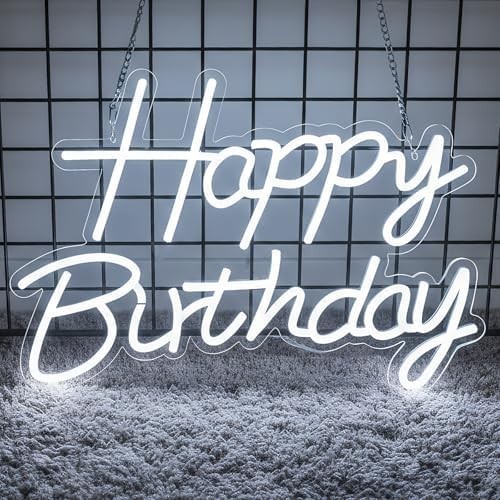 Happy Birthday Neon Sign for Backdrop, LED Happy Birthday Light Up Sign, White