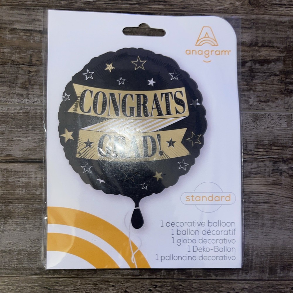 Congrats Grad Party Foil Standard Balloon 17” Graduation Black Gold Anagram