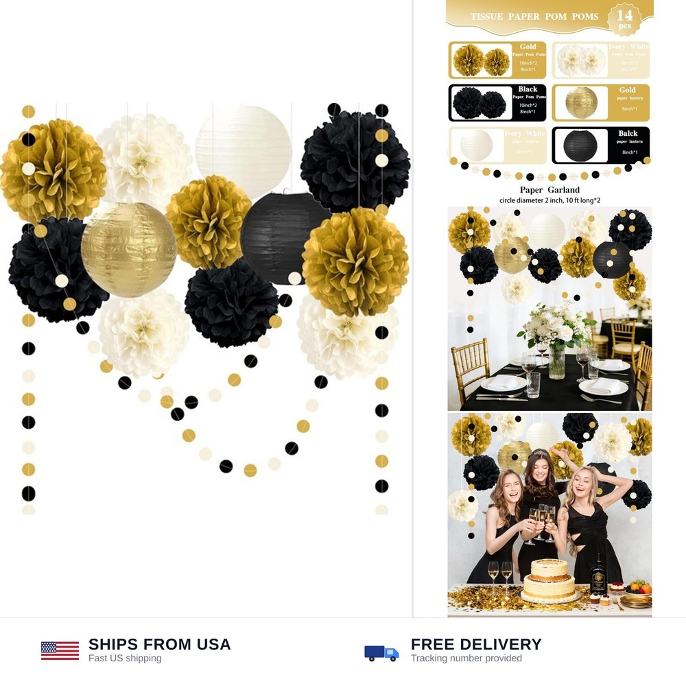 14PCS Black and Gold Party Decorations, Tissue Paper Pom Poms, Paper Lanterns…