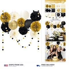 14PCS Black and Gold Party Decorations, Tissue Paper Pom Poms, Paper Lanterns…
