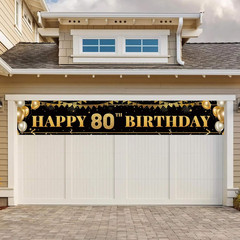 Large Happy 80Th Birthday Decoration Banner, Black and Gold Happy 80Th Birthday