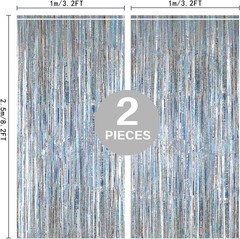 2 Pack 3.2ft x 8.2ft Silver Tinsel Foil Fringe Curtains for Elegant Party Decor