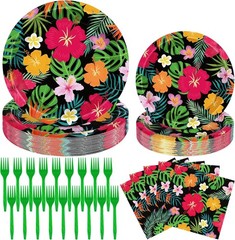 96 Pcs Hawaiian Party Dinnerware: Disposable Plates, Napkins & Forks for 24 G…