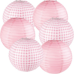6PCS Pink Gingham Party Decoration Pink Paper Lanterns Pink and White Checkered