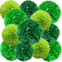 Green Paper Pom Poms – Wedding & Birthday Party Decorations, 12″ & 10″, 3 Shades