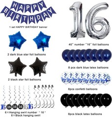 Stylish Happy Birthday Decorations with Silver Number 16 in Dark Blue Theme
