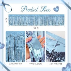 2 Pack Light Blue Table Skirts, 29×108″ Metallic Foil Tinsel Fringe Table Ski…