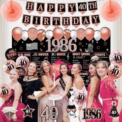 40th Birthday Party Decorations Set – 25PCS Black Rose Gold Banner, Balloons, Ba