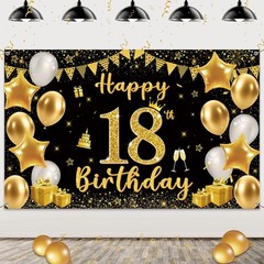 18th Birthday Decorations Backdrop Banner Black Gold Happy 18th Birthday Banners