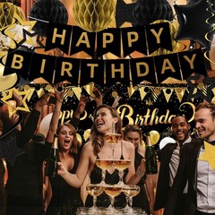 Gold Black Birthday Decorations, Happy Birthday Banner, Backdrop, Balloons, H…