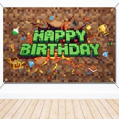 Pixel Birthday Decorations, 5×3 ft Happy Birthday Banner Backdrop for Miner T…