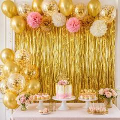 Foil Fringe Backdrop Curtain Kit Pink and Gold Latex Balloons Paper Pom Poms