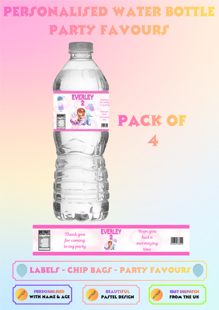 Personalised Mermaid Water Bottle Labels Birthday Party Decorations UK