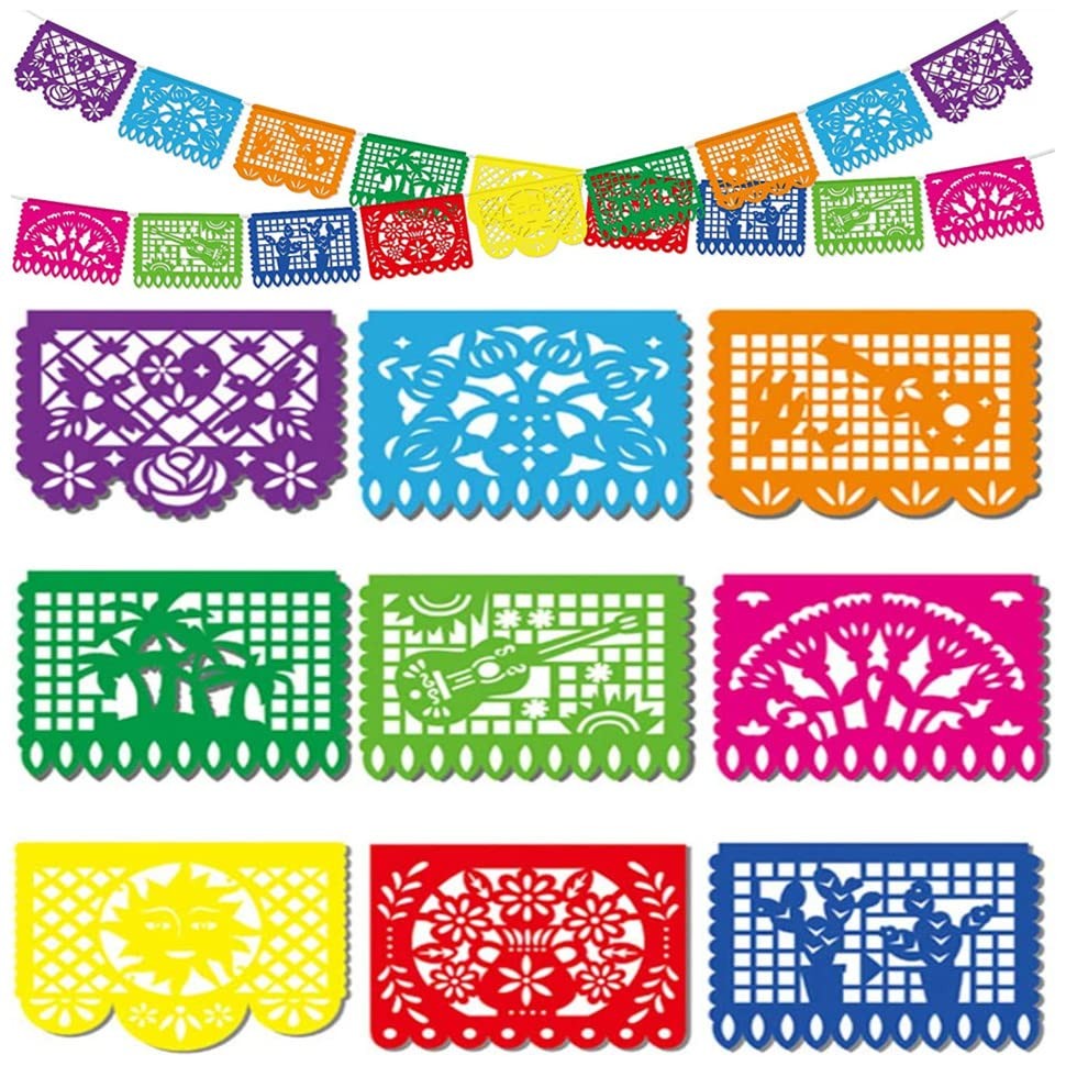18 FT Cinco De Mayo Party Decorations, Fiesta Banner with 9 Plastic Papel Picado