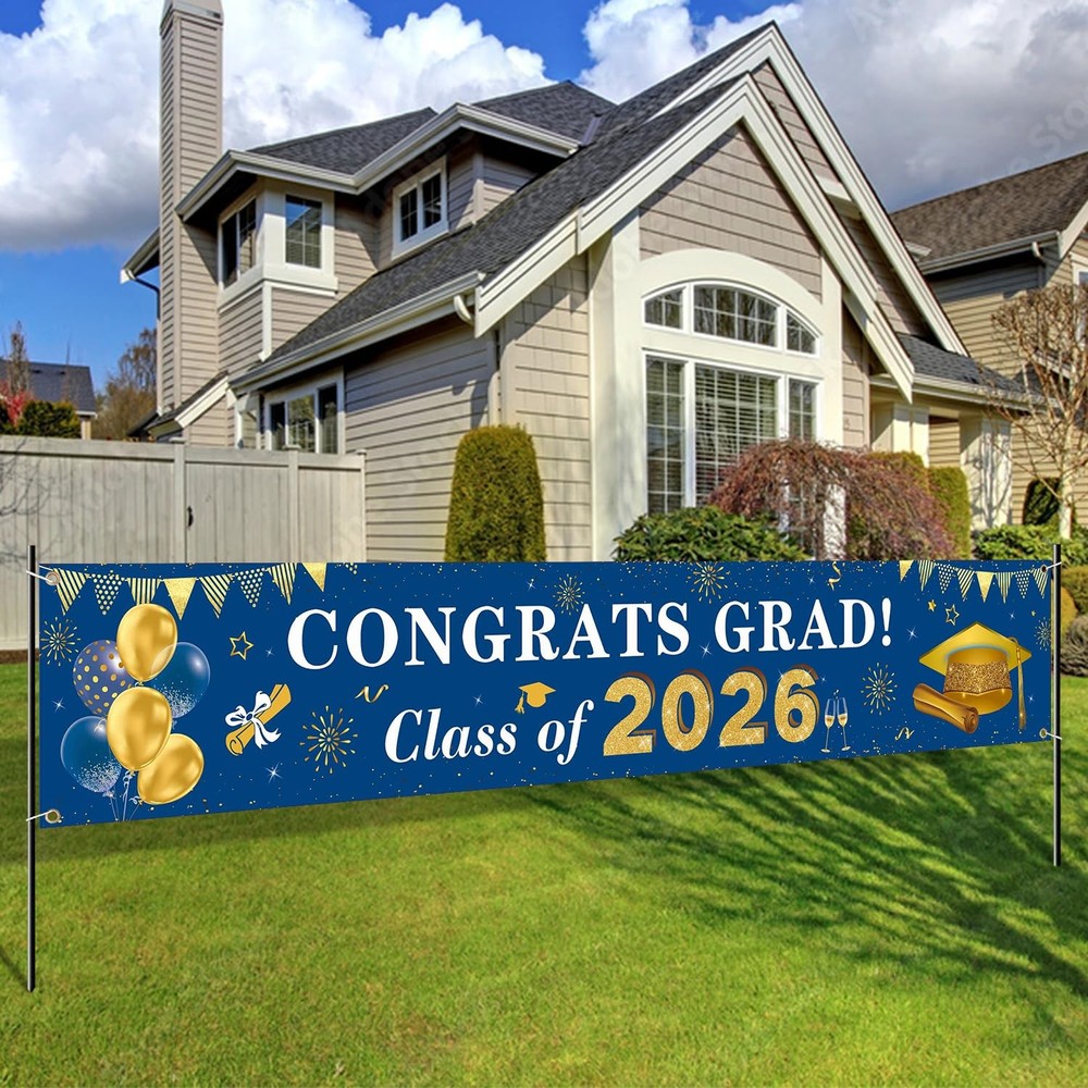 2026 Graduation Decorations Congrats Grad Class of 2026 Banner Blue and Gold