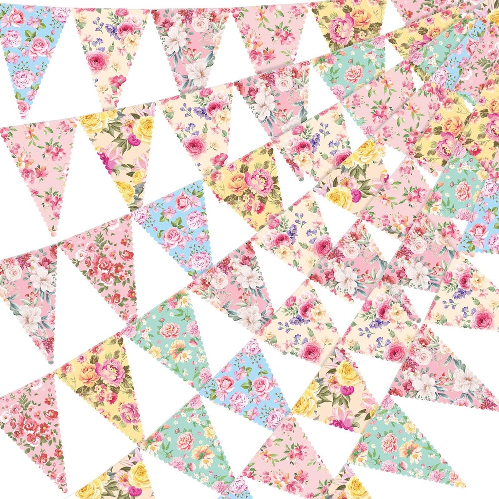 Faccito 49 Ft 5 Pcs Tea Floral Party Paper Bunting Decor Outdoor Bunting Banner