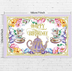 Tea Happy Birthday Banner Backdrop Background Photo Booth Props Floral Teapot Te