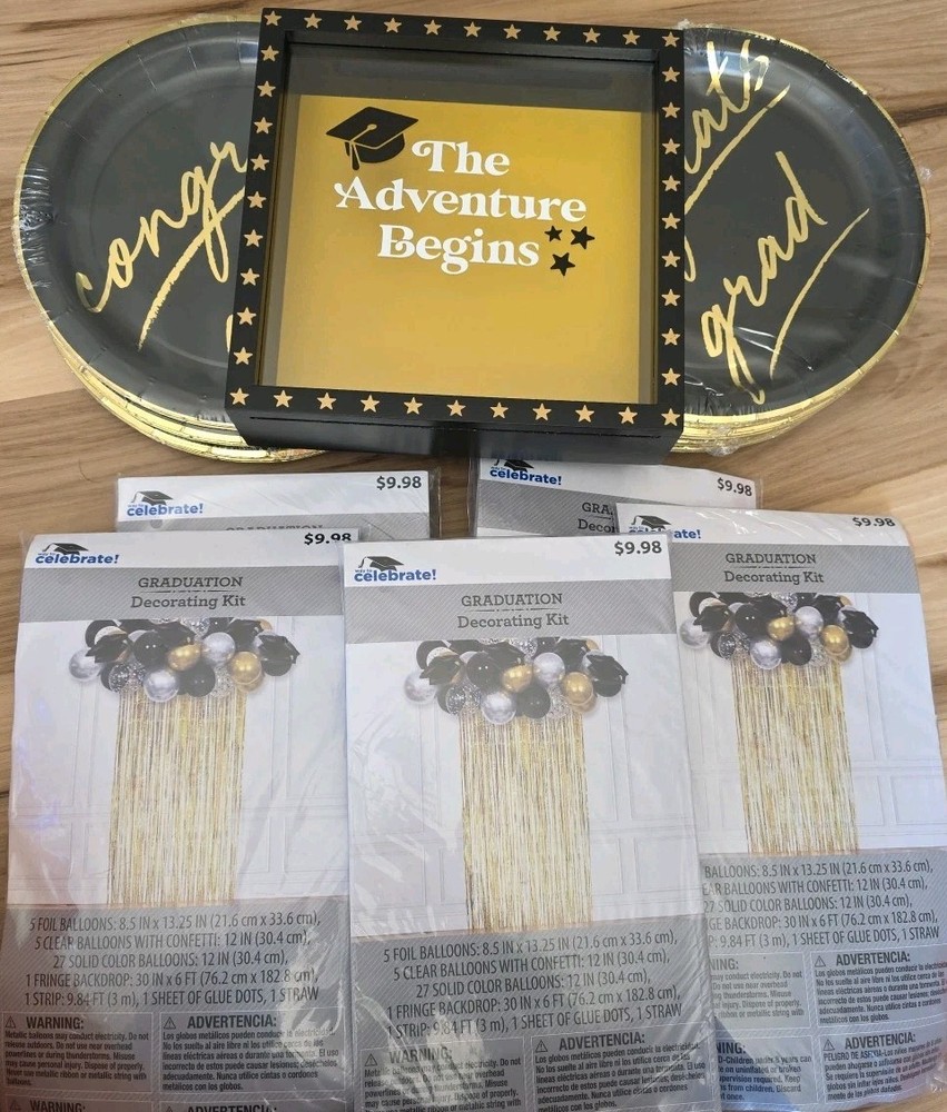 Black & Gold Graduation Party Supplies, plates,balloons, Backdrop,money/card Box