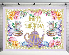Tea Happy Birthday Banner Backdrop Background Photo Booth Props Floral Teapot Te