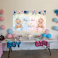 Boho Bear Gender Reveal Backdrop 7X5Ft Boy or Girl Floral Baby Shower Party Phot