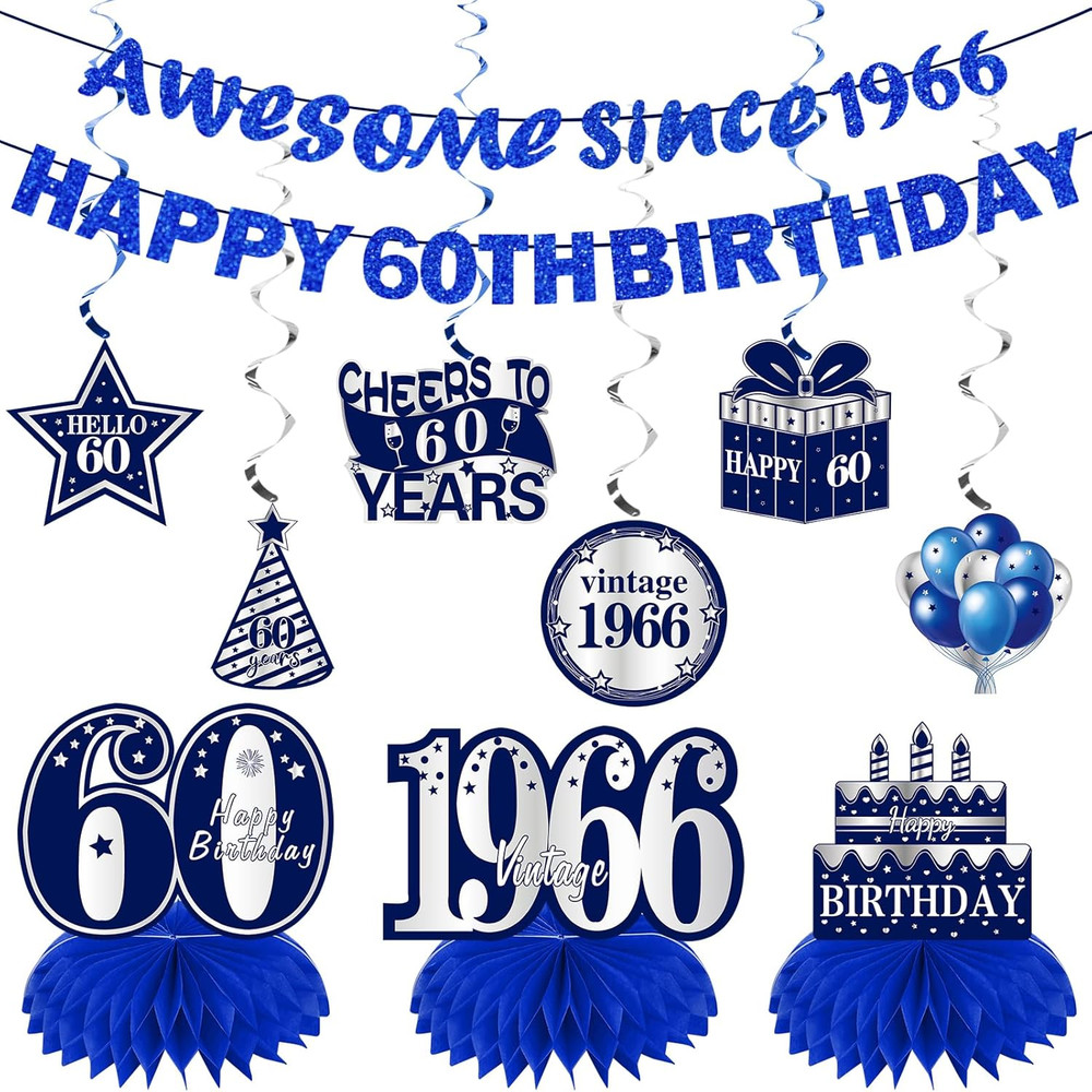 11Pcs 60Th Birthday Decorations Kit for Boys Men, Blue Sliver Happy 60Th Birthda