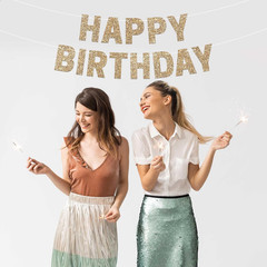 Pre-Strung Happy Birthday Banner – No DIY – Gold Glitter Birthday Party Banner f
