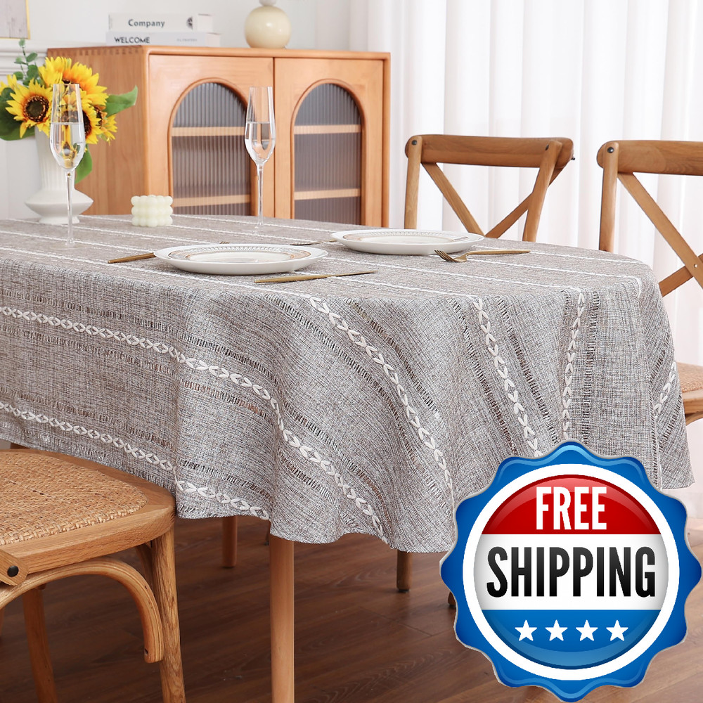 Gernaice Boho Striped Oval Tablecloth, Linen Fabric Cut-Out Embroidery Style Tab