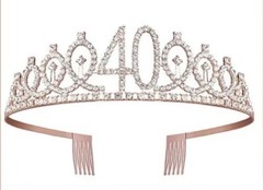 40th Birthday Tiara, 40” Mylar Baloons, Etc. 49 Piece Pink and Rose Gold Theme