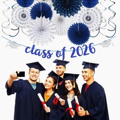 Navy-Blue Silver Party-Decorations Graduation Banner-Streamers 18 Pcs Kits Class