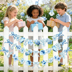 Blue Party Decorations, Blue Hydrangea Flower & Bow Themed Party Decorations, wi