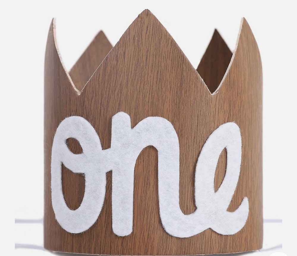 First Birthday Crown – Woodgrain Rustic Theme-soft-Gender Neutral -3.5 Inch Tall