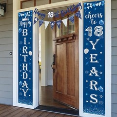 Blue Silver 18th birthday Party decorations Door Banner Porch Sign Bunting Flags