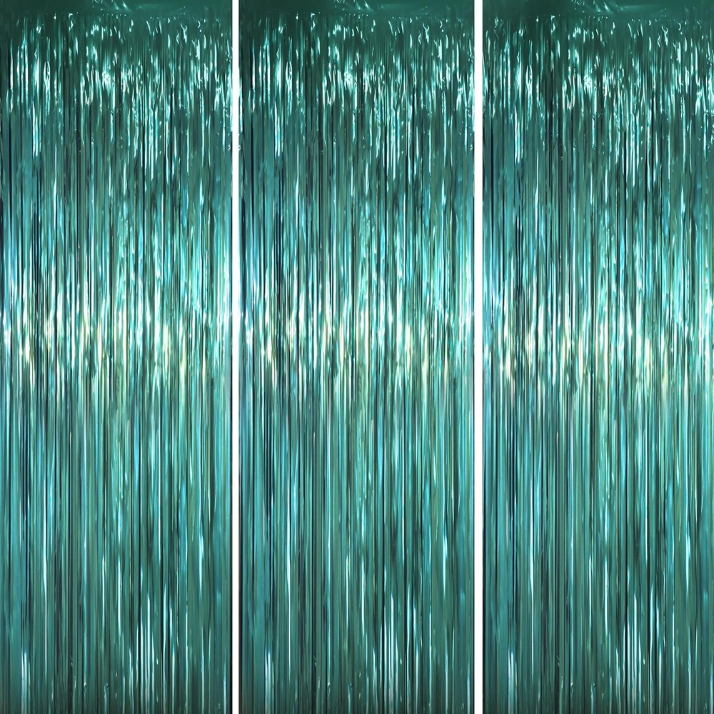 3 Pack 3.3 x 6.6 ft Dark Green Foil Fringe Backdrop Curtains, Tinsel Streamer…