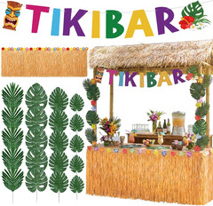 22 Pcs Tiki Bar Hut Decorations Kit with Banner 20 Tropical Palm Leaves and 108