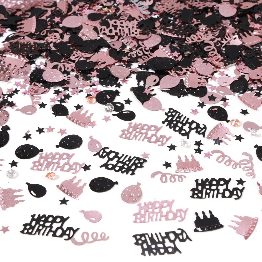Rose Gold and Black Happy Birthday Confetti, 3000 Pcs Birthday Cake Table Met…