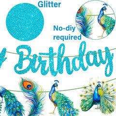 Peacock Birthday Banner & Decorations – 2Pcs Blue Peacock Party Banners for Zoo