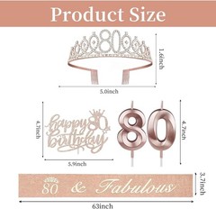 Rose Gold 80th Birthday Decorations with Crown, Sash, Cake Topper and Candles