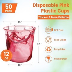 50 Pcs Pink Plastic Cups 12 Oz Disposable Stemless Wine Glasses Cocktail Pink