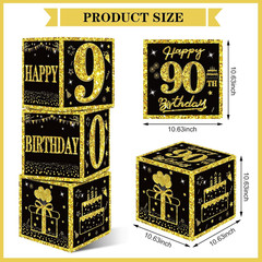 Eiurteao 3Pcs 90Th Birthday Decorations Boxes for Men Women, Black Gold Happy 90