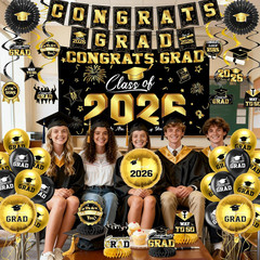 Graduation Decorations 2026-Black and Gold Graduation Party Decorations