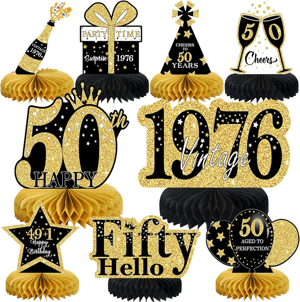 9 Pcs 50Th Birthday Decorations Honeycomb Centerpieces for Women Men, Black Gold