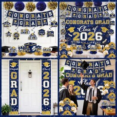 Navy Blue & Gold Graduation Decorations 2026 Set – Congrats Grad Banner, Balloon