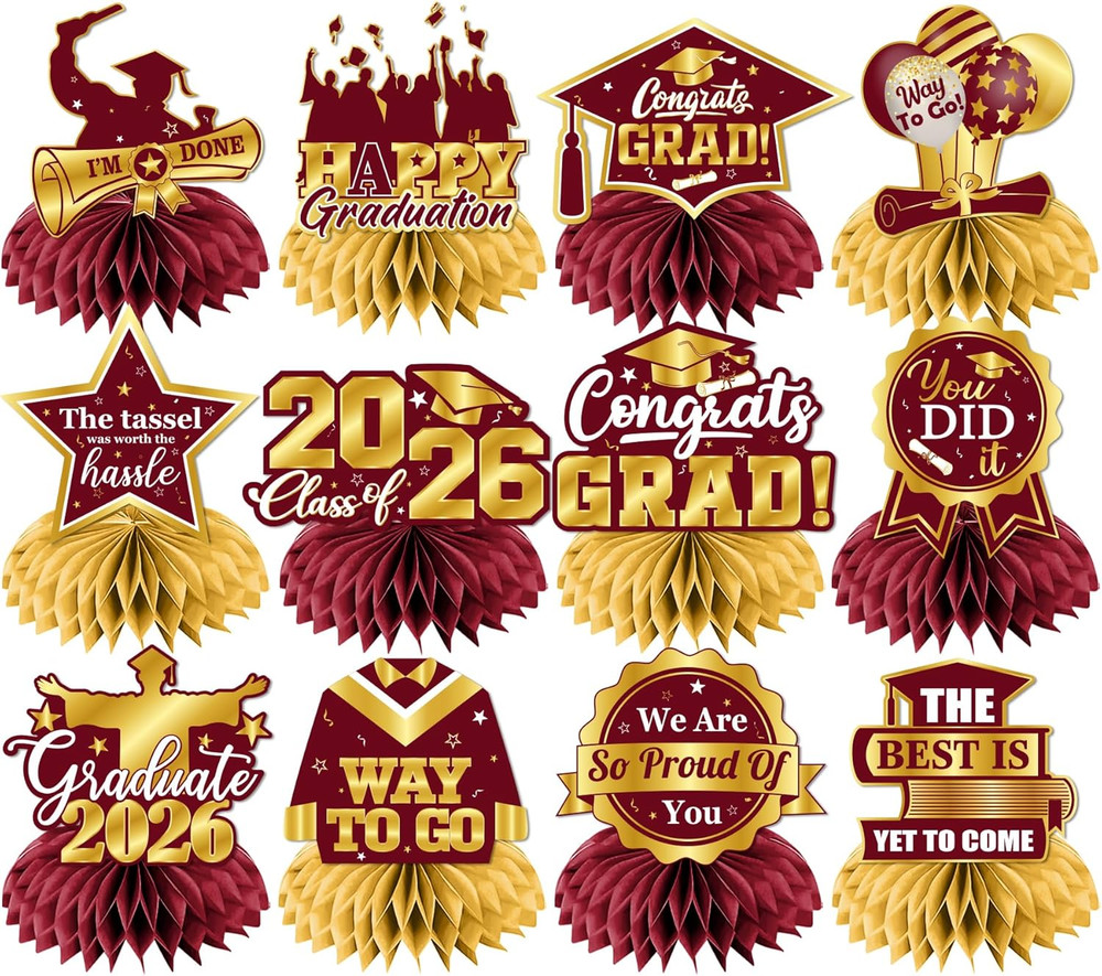 Maroon and Gold Graduation Decorations 2026,12Pcs Maroon Graduation Table Decora
