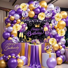 Set De Globos Morado Y Dorado Feliz Cumpleanos Con Banner Para Mujeres