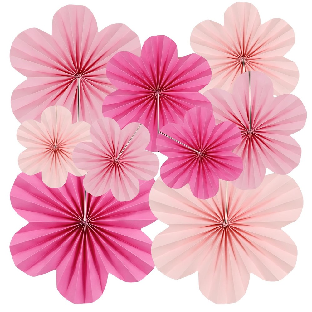 Pink Paper Flowers Fans Spring Summer Party Floral Wall Backdrop Decor 9 PCS