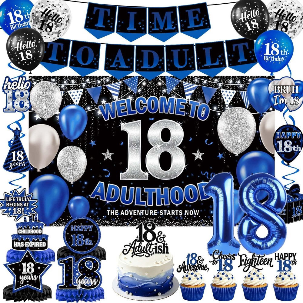 18th Birthday Decorations for Boys Girls, 41PCS Blue Black Birthday Party Sup…