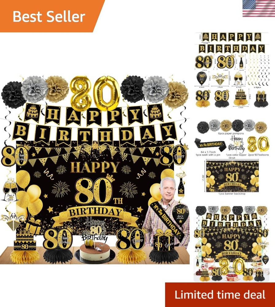 42PCS 80Th Birthday Decoration Kit for Men Women, Black Gold Happy 80Th Bday Ban
