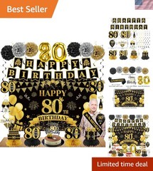 42PCS 80Th Birthday Decoration Kit for Men Women, Black Gold Happy 80Th Bday Ban