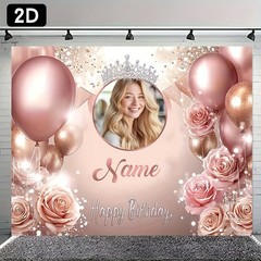 1pc Flower Crown Custom Birthday Banner Personalized Name Photo Party Backdrop♪