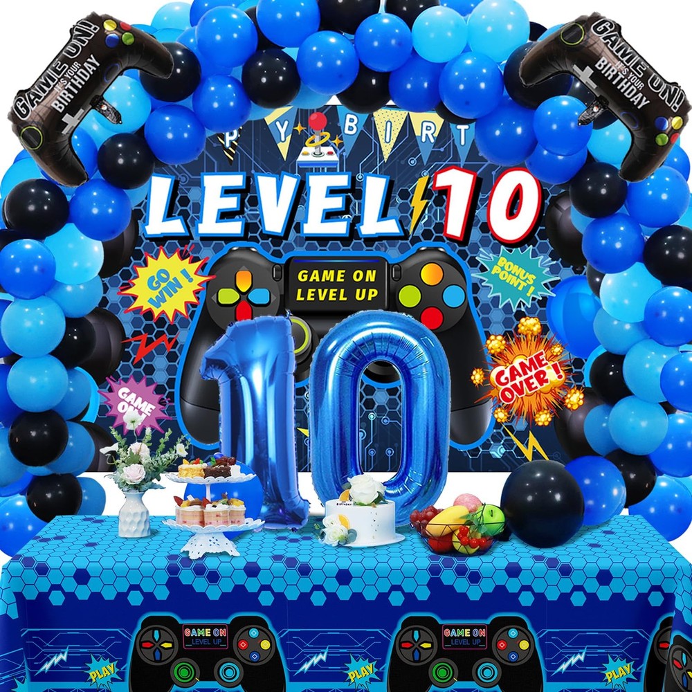 90PCS 10th Video Game Party Decorations for Boys – Blue 10th Video Game Backd…
